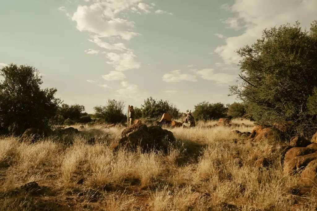 Two hunters walking through open bushveld under a big South African sky